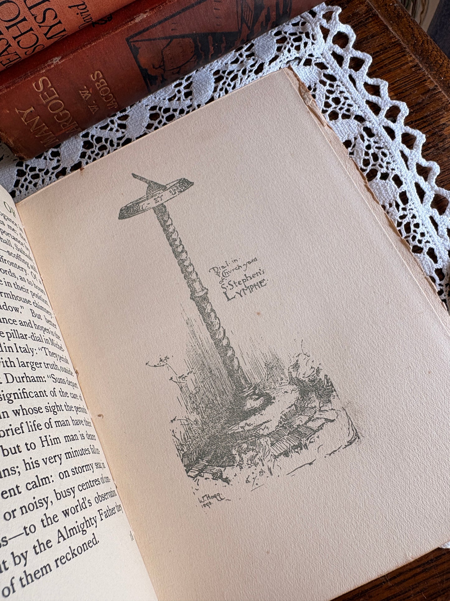 1914 The Book of Old Sundials & their Mottoes: With Eight Illustrations in Colour by Alfred Rawlings and Thirty-Six Drawings of Some Famous Sundials by Warrington Hogg. Cover designed by Jessie M. King.